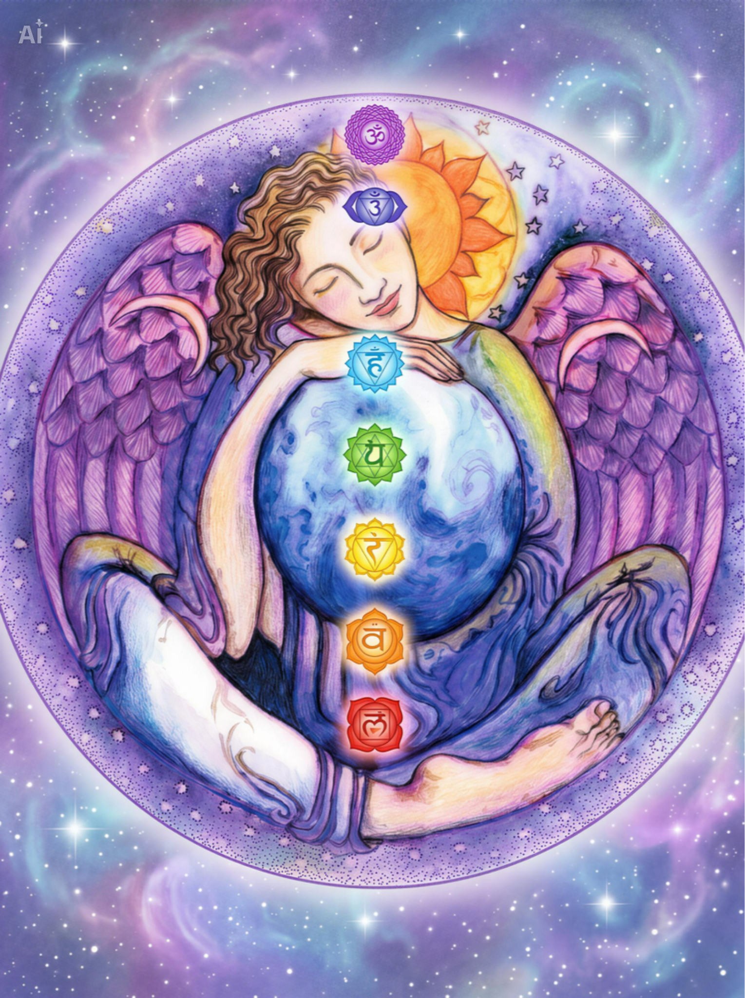 Illustration of a protective figure embracing Earth with the seven chakras