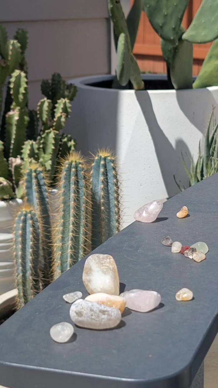 Rose quartz, citrine and tumbled stones on a slate bench beside potted cacti