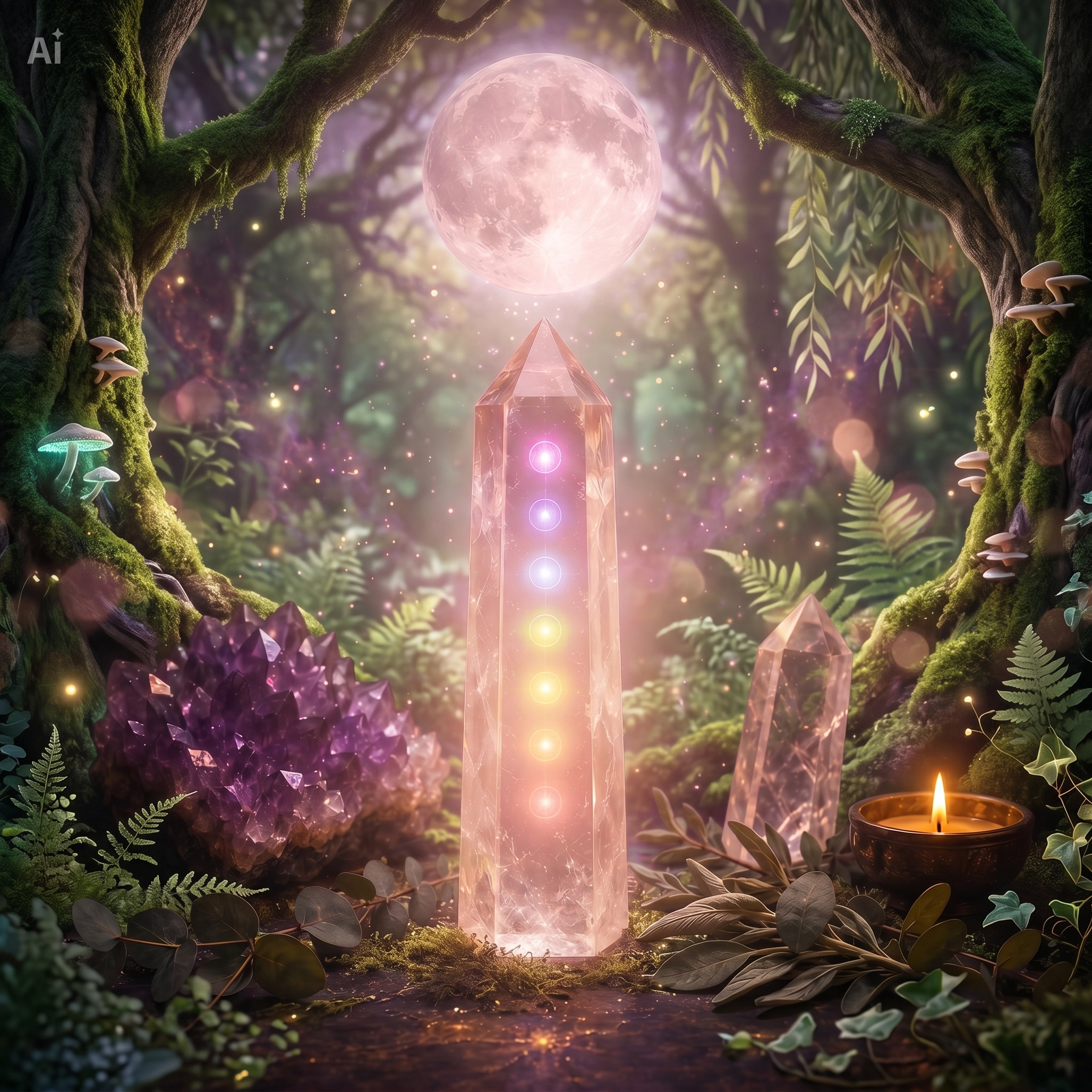 Seven chakra lights glowing through rose quartz beneath a moon in a peaceful forest sanctuary