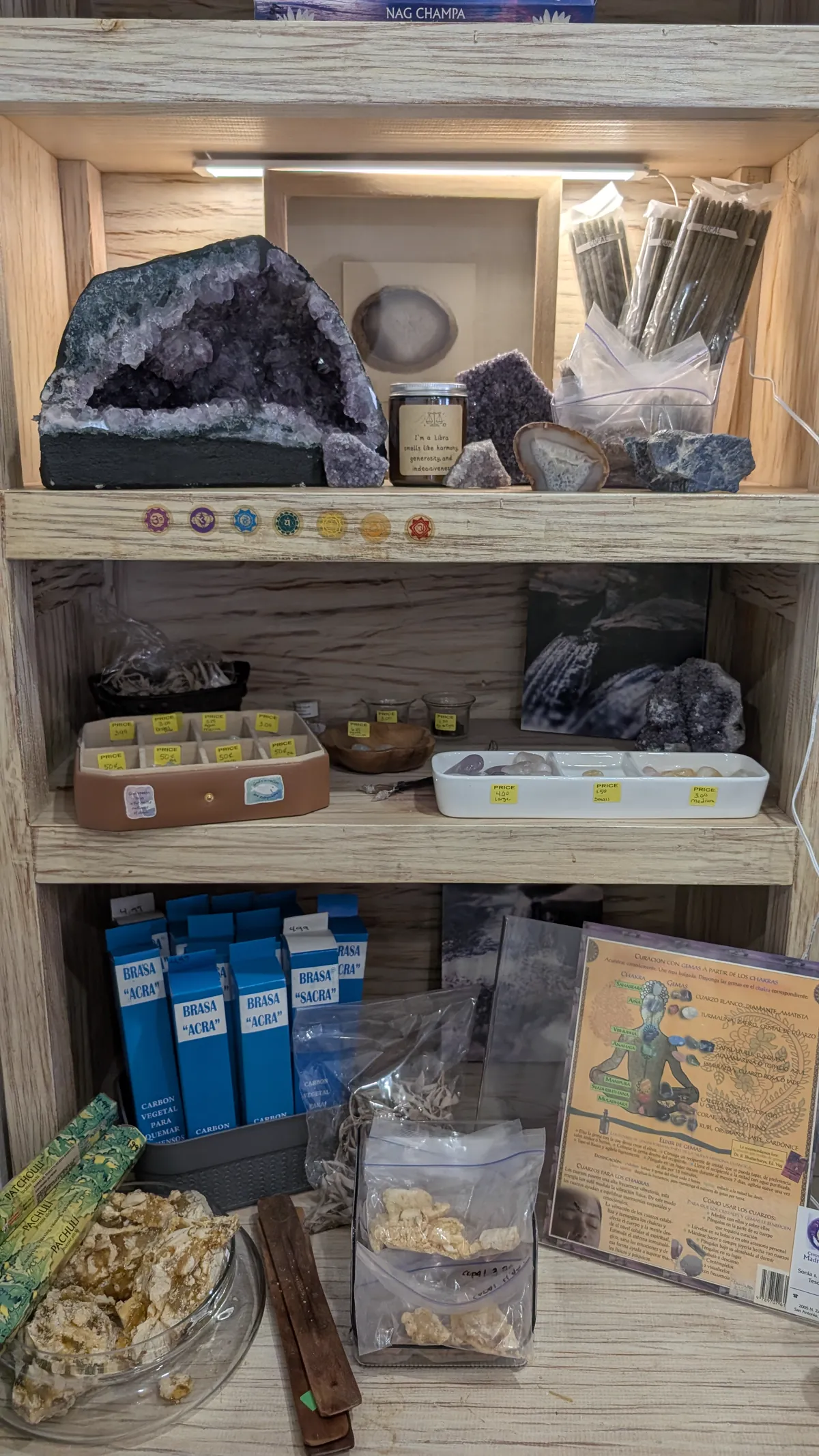 Crystal and incense display inside Madre Tierra's spiritual shop